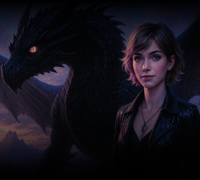 Symphony stands under a mystical night sky with Midnight, a dark dragon behind her, its single golden eye glowing in the shadows.