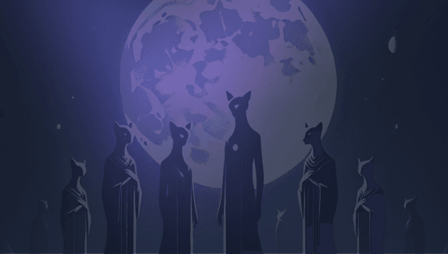 illustration featuring four humanoid cats standing beneath a glowing moon, with a dark and mystical atmosphere
