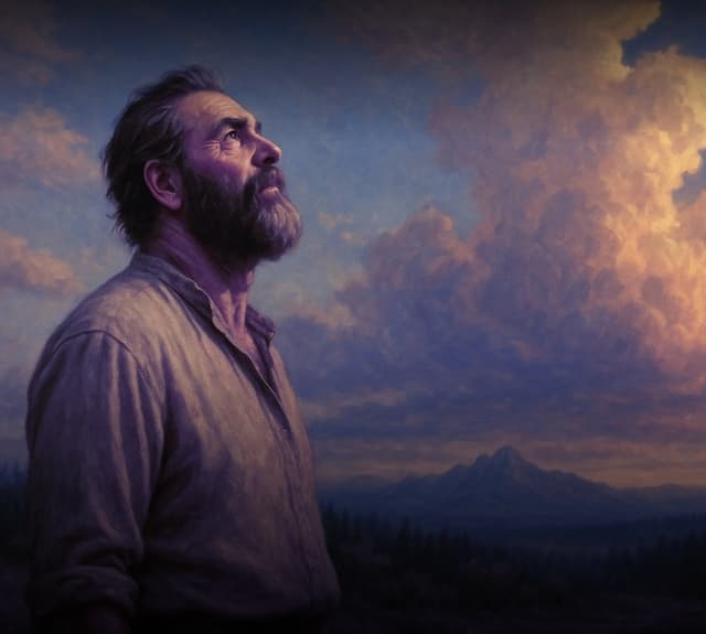 This image of David, the Guardian captures a moment of solemn reverence beneath the vast skies of Asarune. He stands in profile, his weathered face turned upward toward a towering golden cloud illuminated by the late sun. His expression is calm yet heavy with contemplation, as if he’s searching for meaning in the heavens above. The soft light paints the deep lines on his face, revealing a man aged by years of duty and endurance. His dark brown hair, beginning to gray, and his bushy beard streaked with silver add to his aura of quiet strength. David wears his simple light brown linen shirt, the sleeves rolled up to his forearms, exposing arms that still bear the power of a man forged by work and battle. His broad shoulders and solid frame are grounded against the tranquil landscape — a distant mountain peak rising beyond a forest bathed in warm dusk tones. The composition feels painterly and timeless, like an oil portrait honoring a forgotten hero. It radiates peace, humility, and resilience, showing David as both a man of the earth and a silent guardian of the skies he watches over.