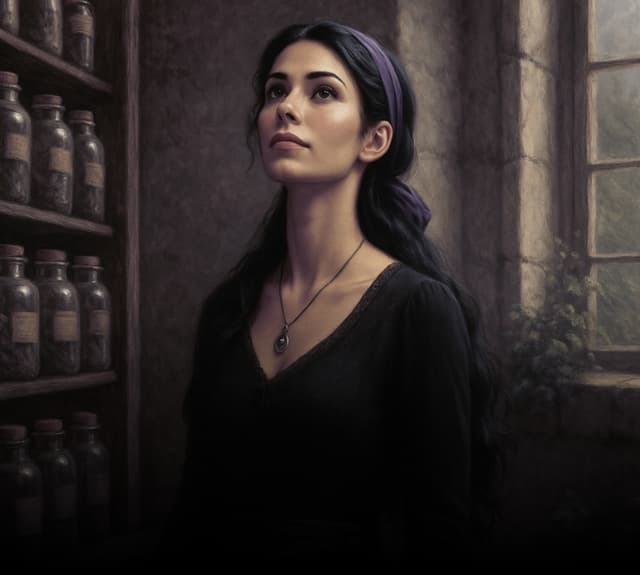 Violet is in her store looking at the shelves with all her potions
