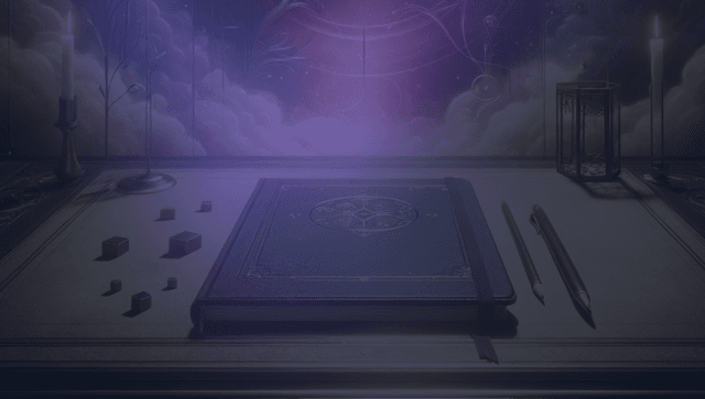Illustration featuring a notebook placed on a table, with a mystical atmosphere.