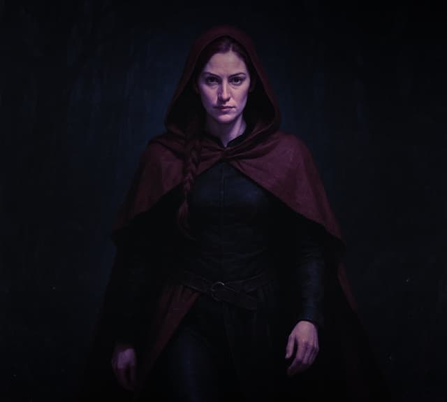 this image shows Beatrix standing in a shadowy forest, cloaked in deep maroon and wrapped in mystery. The dim, cool lighting creates an atmosphere of tension and secrecy, as if she’s either hunting someone or being hunted. Her braided hair, steady gaze, and tight, utilitarian outfit suggest she’s skilled, cautious, and ready for whatever danger lurks in the dark woods.